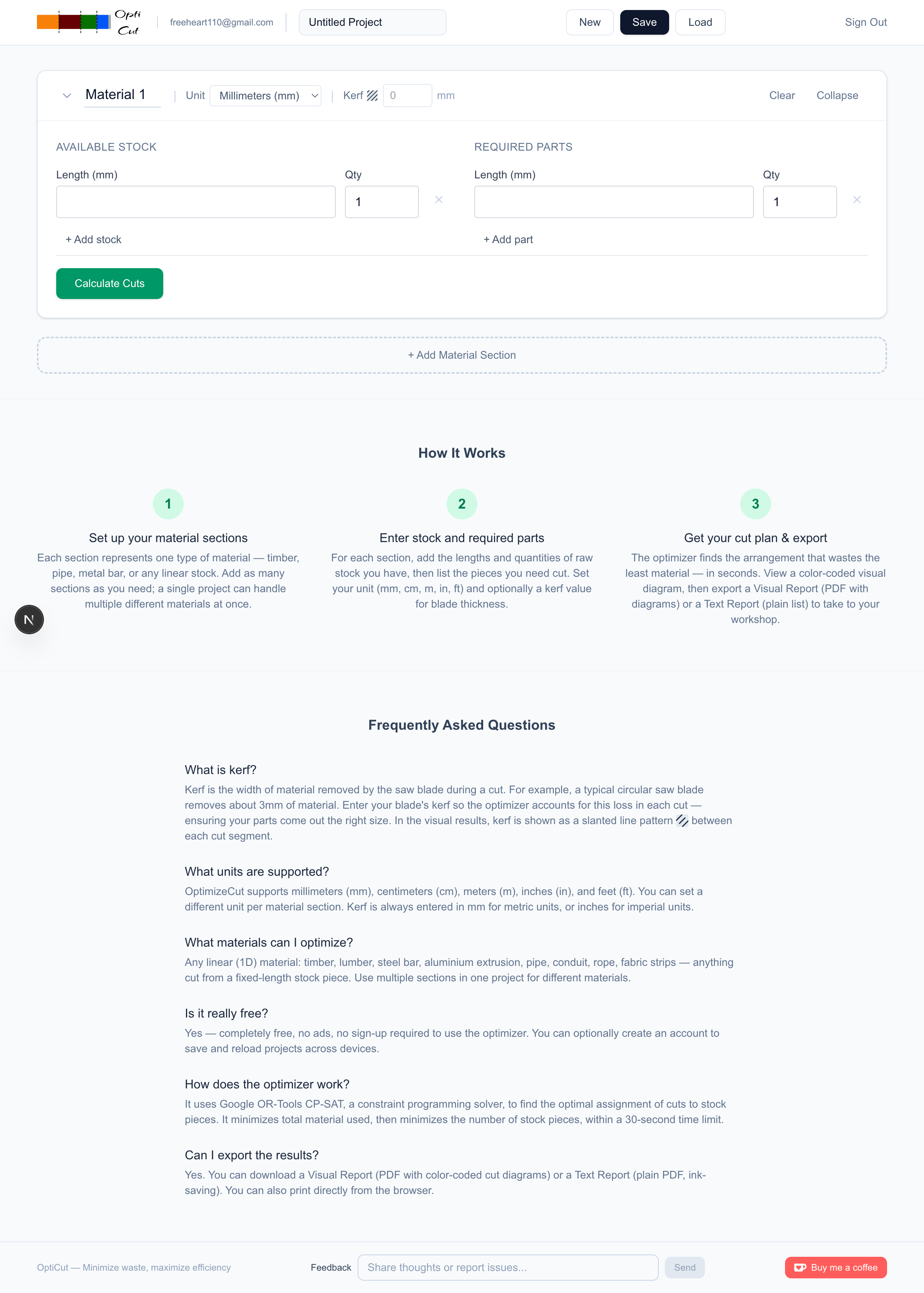 OptimizeCut Input Page